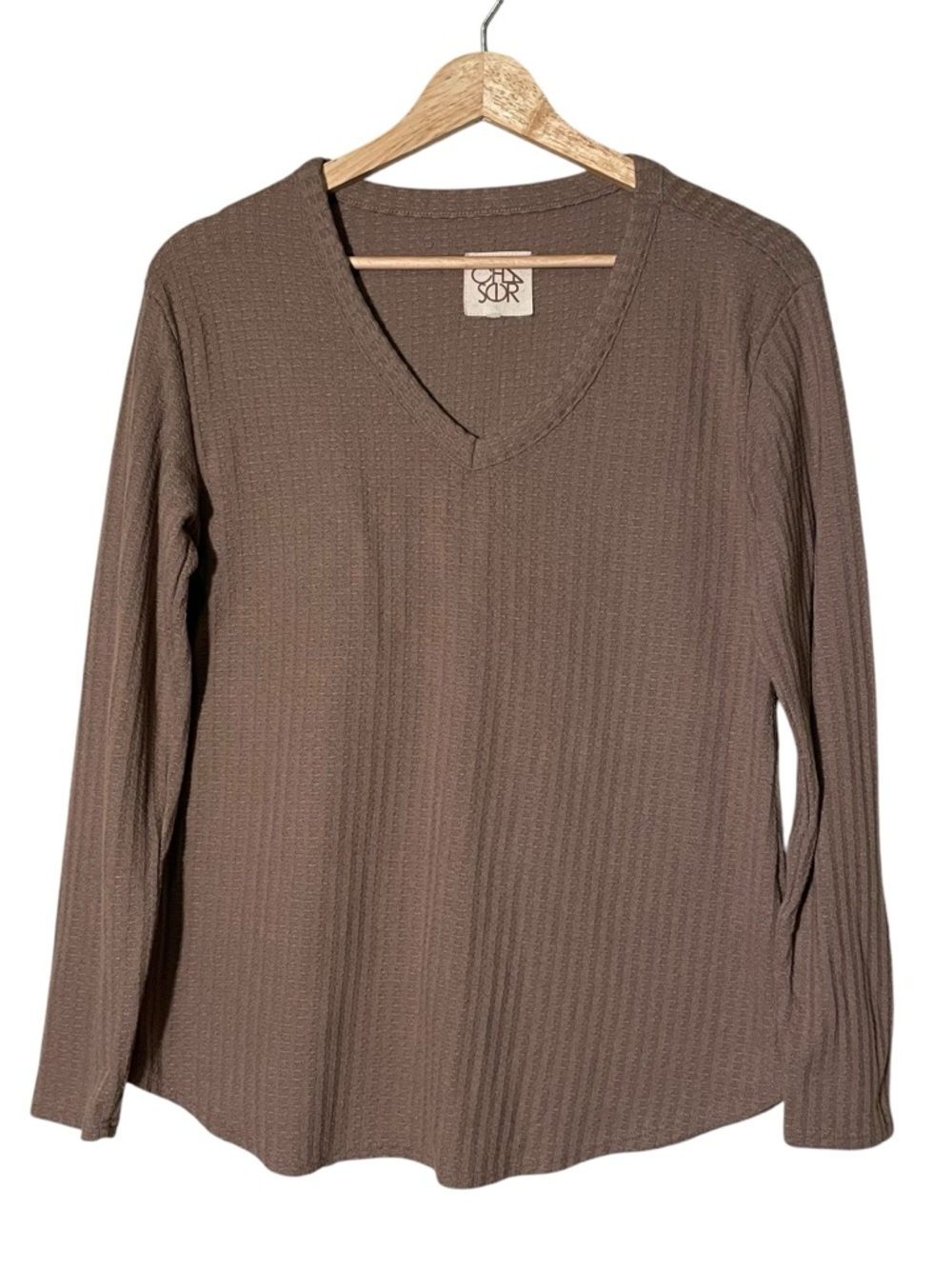 Chaser Women's Long Sleeve Waffle V-Neck Top in Brown